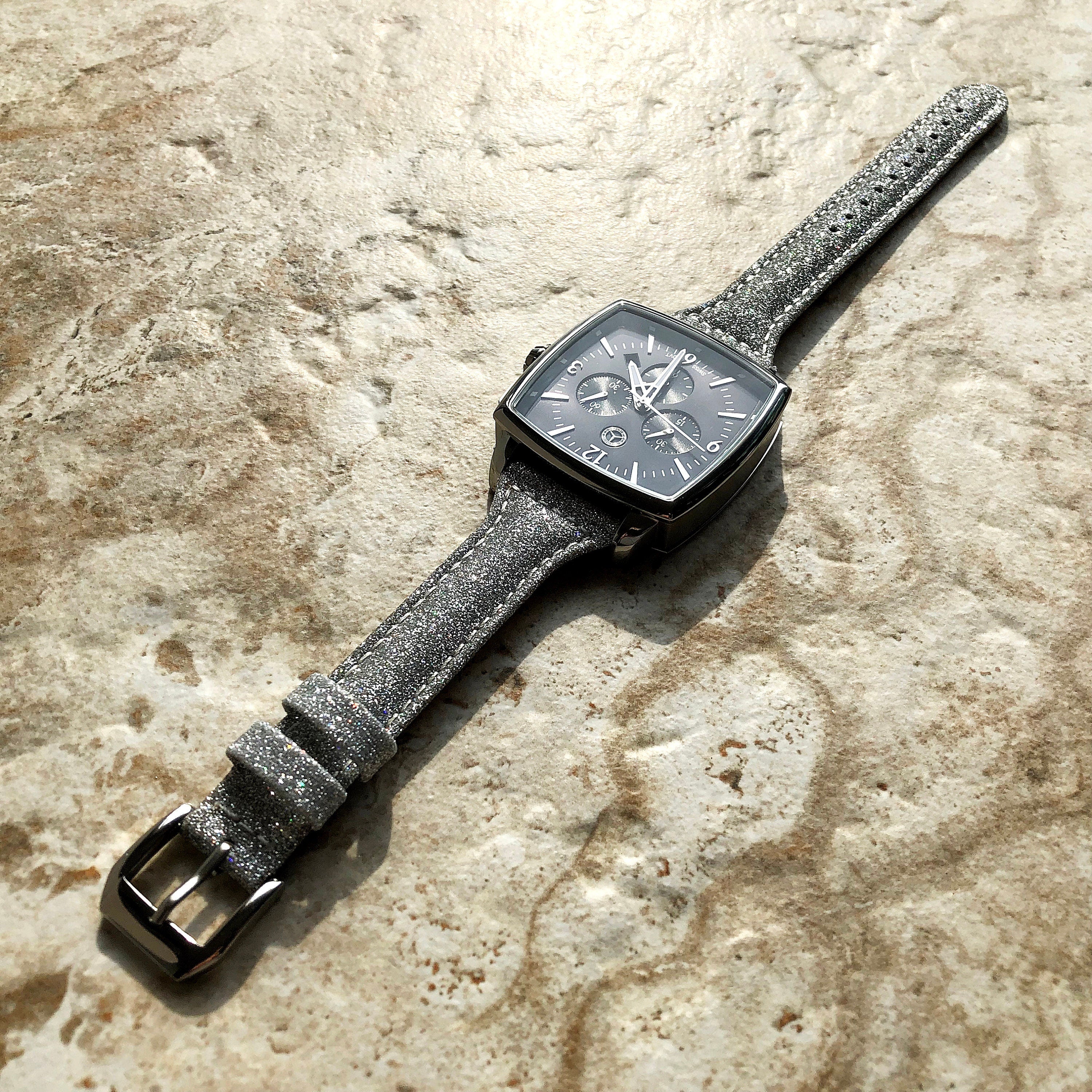 22mm Silver Sparkling Glitter Slim and Elegant Soft Leather Watch Strap Band for Wrist Hand Watches Quick Release Pins - Ready to Attach